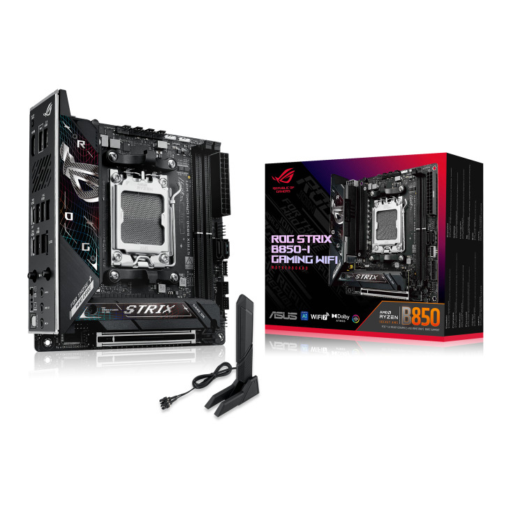  B850 mini-ITX Motherboard: AM5 Socket For AMD Ryzen 7000/8000/9000 Series Processors<BR>2x DDR5, 2x SATA 6Gb/s, PCIe 5.0, 1x M.2 Gen5 + 1x M.2 Gen4, USB 3.2, 2.5GbE LAN, Wi-Fi 7 + Bluetooth 5.4, ROG SupremeFX 7.1 Surround Sound Audio, 1xDP/ 1x USB Type-C  